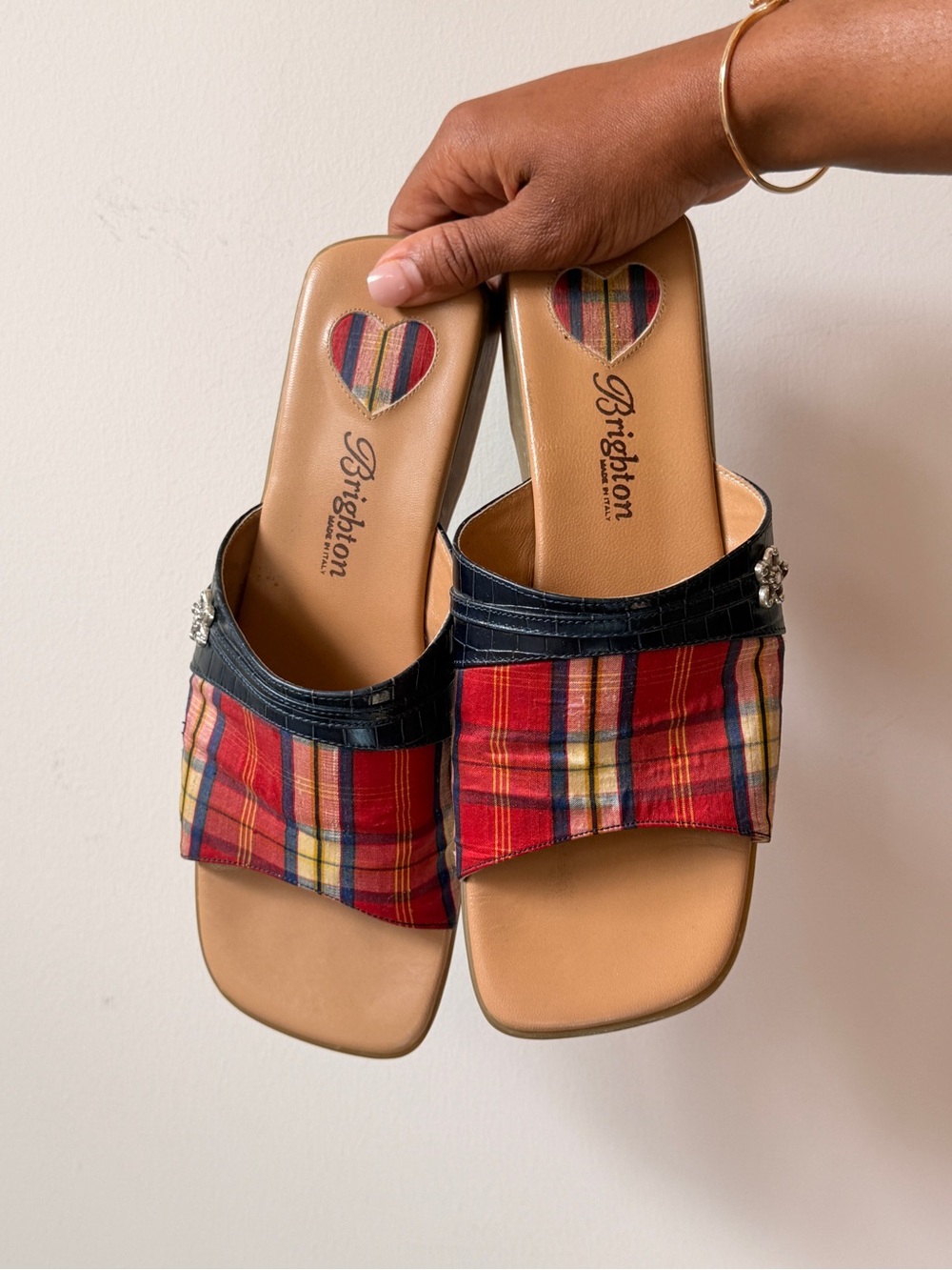 Brighton Belize Plaid Slide Sandals Women’s 7.5 Blue Tartan Leather Heart